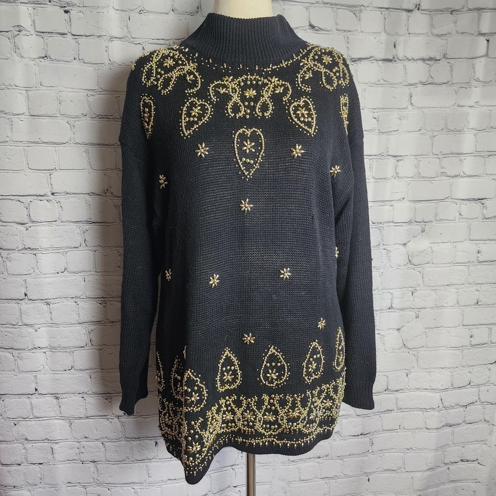 Vintage 80s Long Black Mockneck Sweater with Gold Beading Embellishments